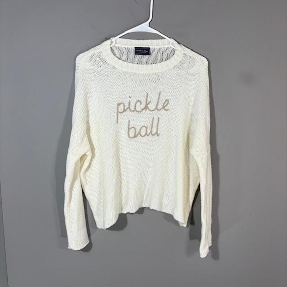 Wooden Ships Sweater Womens S/M White Cotton Acrylic Pickle Ball Crewneck Knit